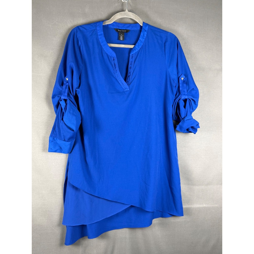 White House Black Market Tunic Women Size 6 Royal Blue Roll Tab Asymmetrical Hem
